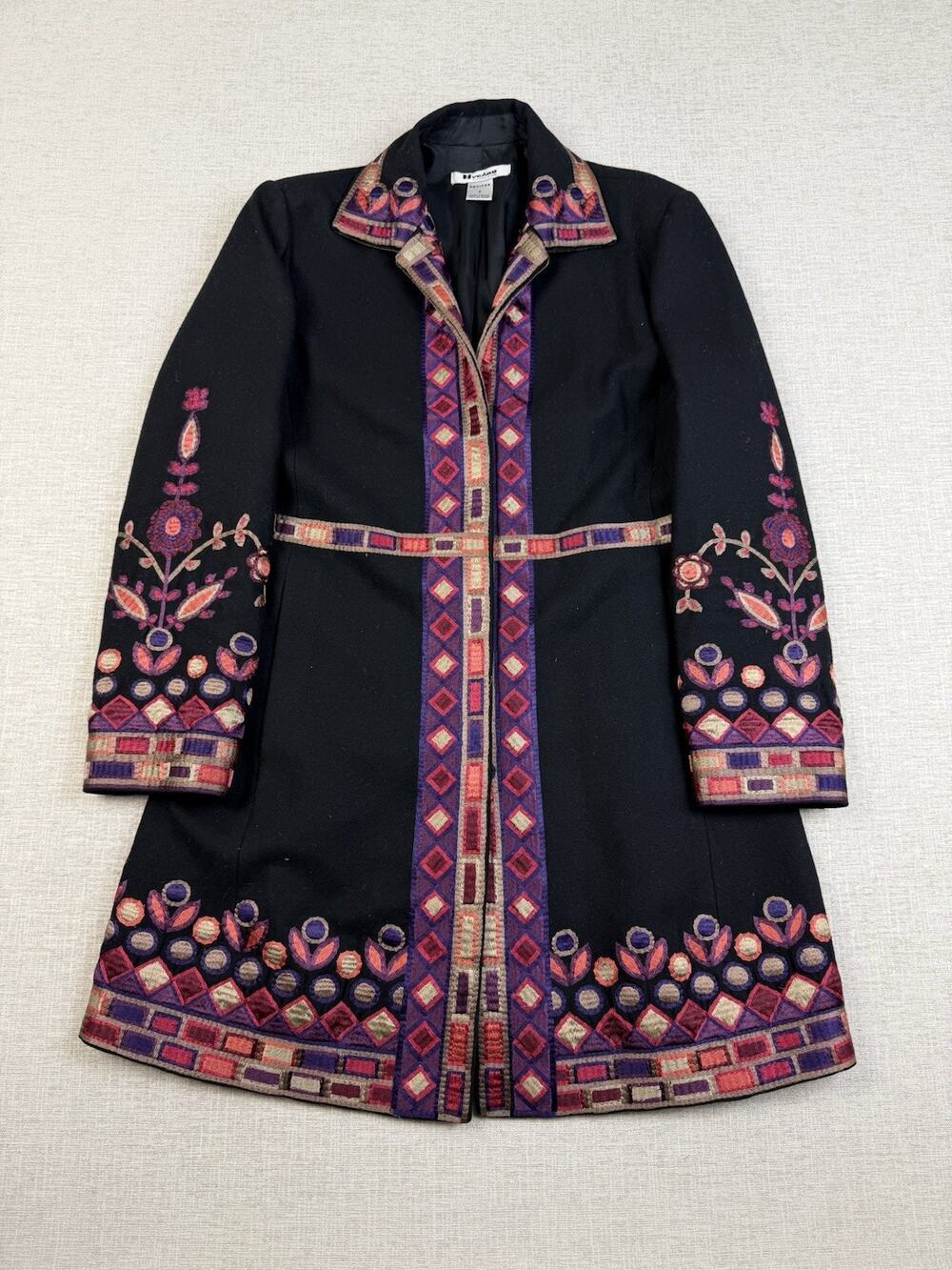 Nygård Collection Petites Size 8 Black Wool Blend Embroidered Coat